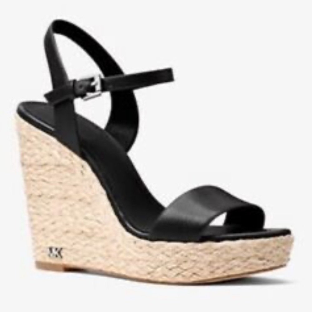 Michael Kors black leather espadrille wedges